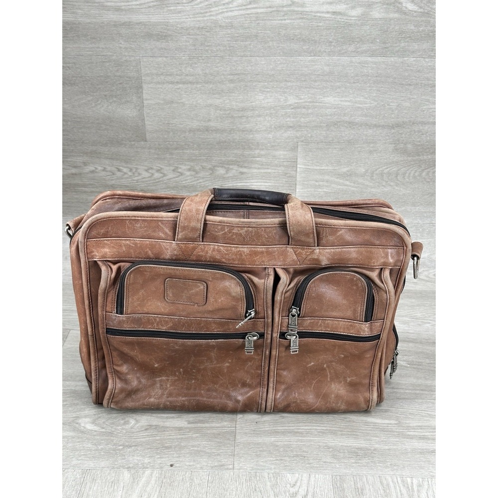 VTG Tumi Alpha Leather Briefcase Brown Expandable NO STRAP Wear Stains
